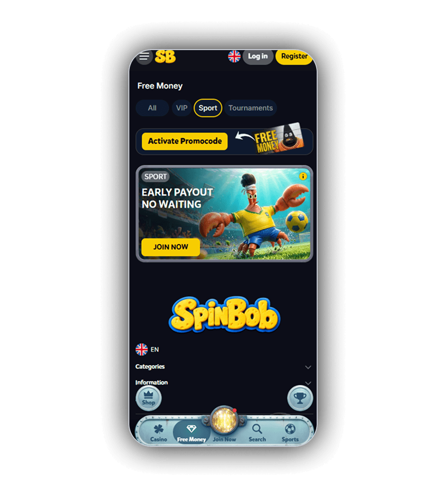 Bereich Free Money bei SpinBob mit den Reitern All, VIP, Sport und Tournaments, einem Button Activate Promocode mit Ticket FREE MONEY und einer Karte SPORT mit dem Text EARLY PAYOUT NO WAITING, einer Krabbe als Fussballer und dem Button JOIN NOW