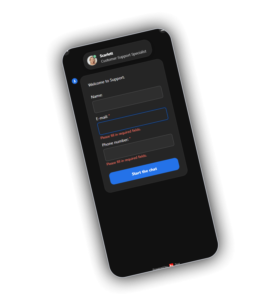 Chatfenster von SpinBob mit Scarlett, Customer Support Specialist, der Begrüssung Welcome to Support, den Feldern Name, E-mail und Phone number, dem Hinweis Please fill in required fields und einem blauen Button Start the chat