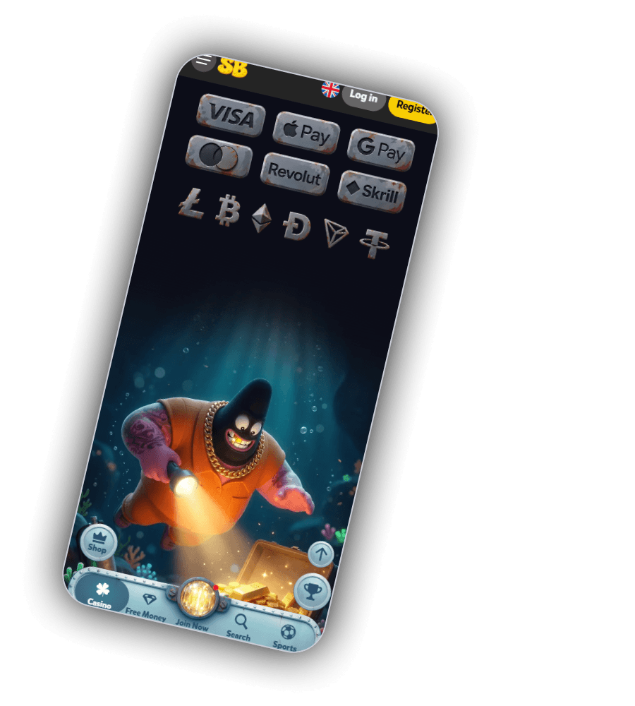 Zahlungsarten bei SpinBob mit Logos von VISA, Apple Pay, G Pay, Mastercard, Revolut und Skrill sowie Symbolen für Litecoin, Bitcoin, Ethereum, Dogecoin, Tron und Tether, daneben ein Taucher mit Lampe vor einer offenen Schatztruhe