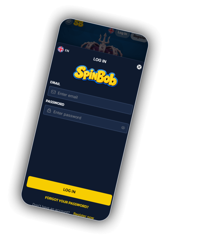Anmeldefenster von SpinBob mit dem Titel LOG IN, der Sprachwahl EN, den Feldern EMAIL und PASSWORD mit Augensymbol, einem gelben Button LOG IN, dem Link FORGOT YOUR PASSWORD und der Zeile Do not have an account? Register now