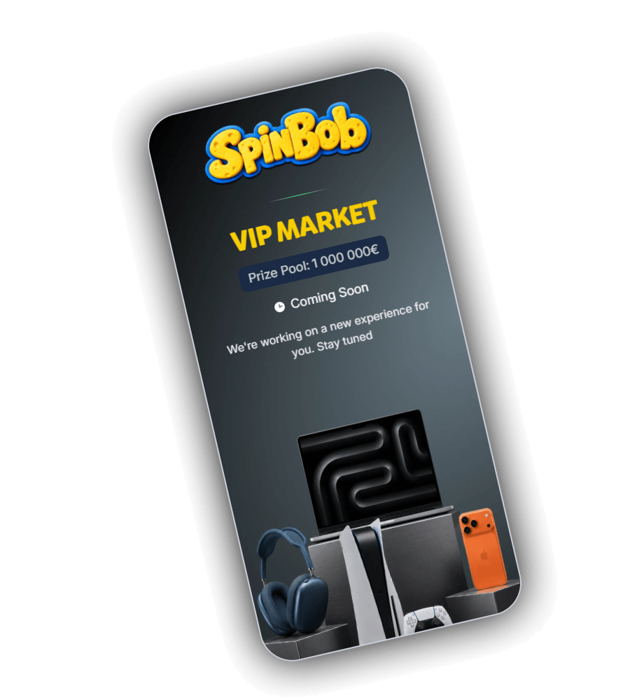 VIP MARKET bei SpinBob mit Prize Pool 1 000 000€, dem Hinweis Coming Soon und dem Text We are working on a new experience for you. Stay tuned, dazu Kopfhörer, eine Spielkonsole mit Controller, ein Laptop und ein orangefarbenes Smartphone