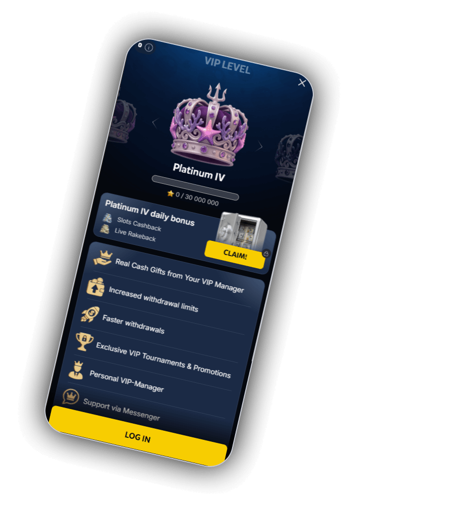VIP Club bei SpinBob mit der Anzeige VIP LEVEL Platinum IV und dem Stand 0 / 30 000 000, dem Platinum IV daily bonus mit Slots Cashback und Live Rakeback und dem Button CLAIM sowie einer Liste von sechs Vorteilen und dem Button LOG IN